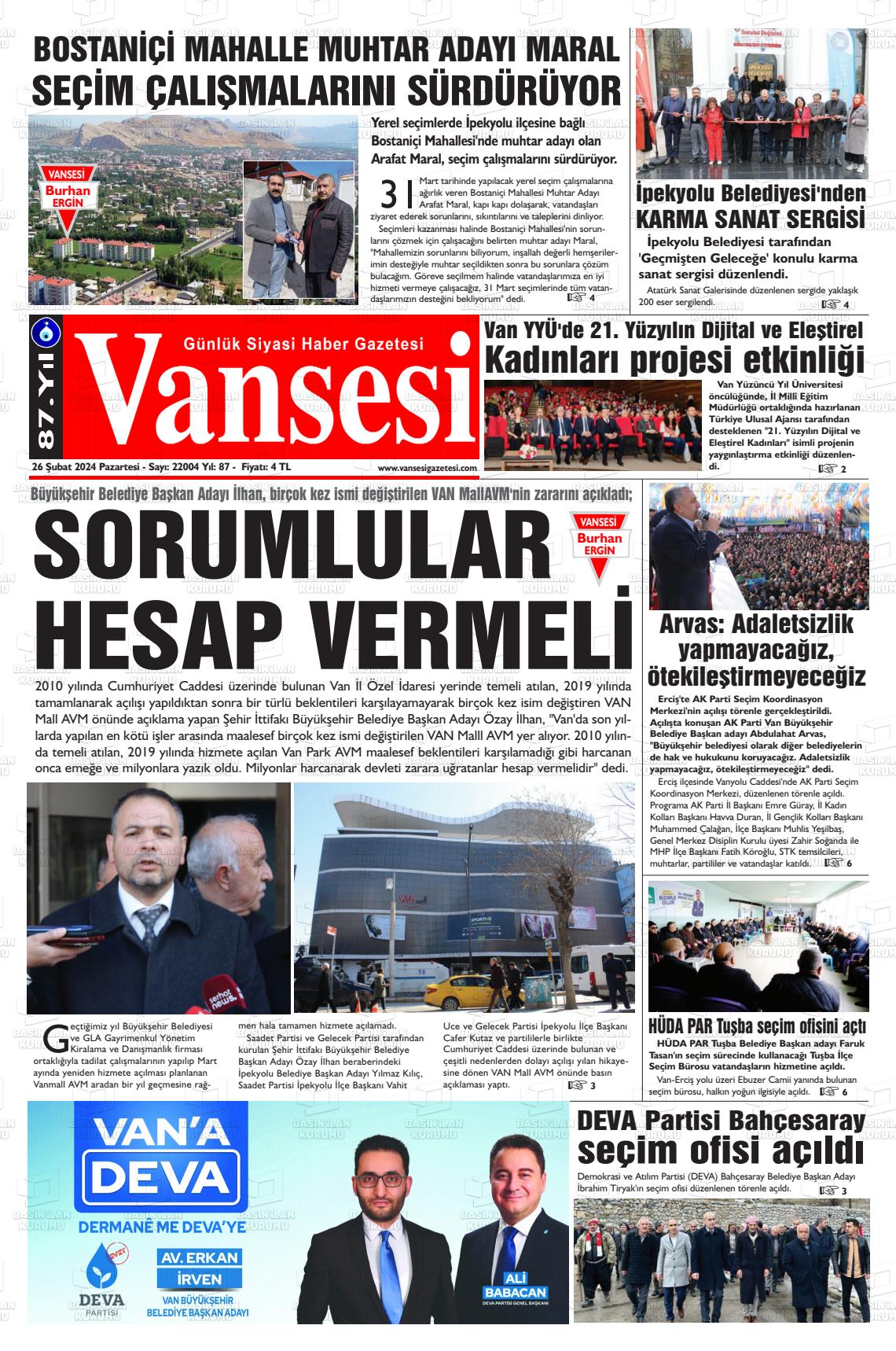 26 Şubat 2024 Vansesi Gazete Manşeti