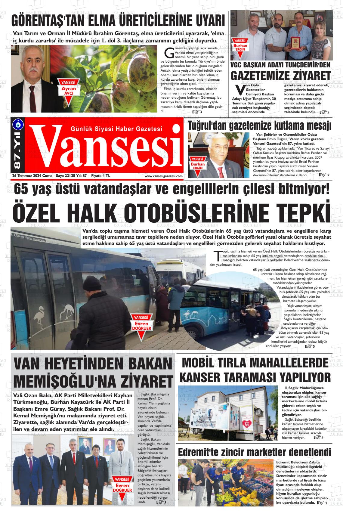 27 Temmuz 2024 Vansesi Gazete Manşeti