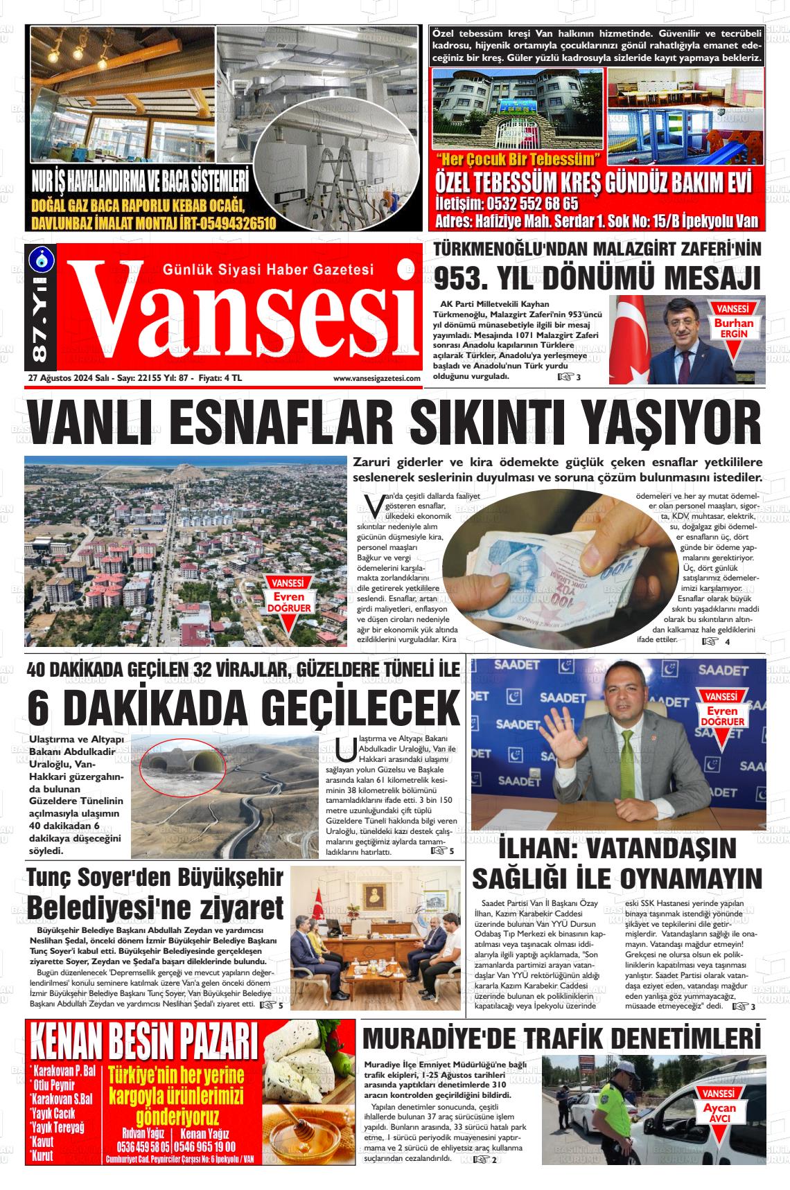 27 Ağustos 2024 Vansesi Gazete Manşeti