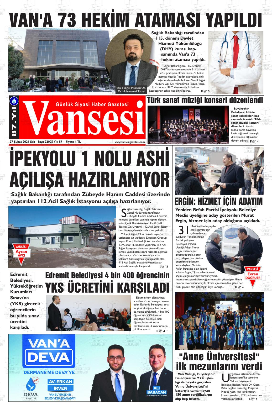 27 Şubat 2024 Vansesi Gazete Manşeti