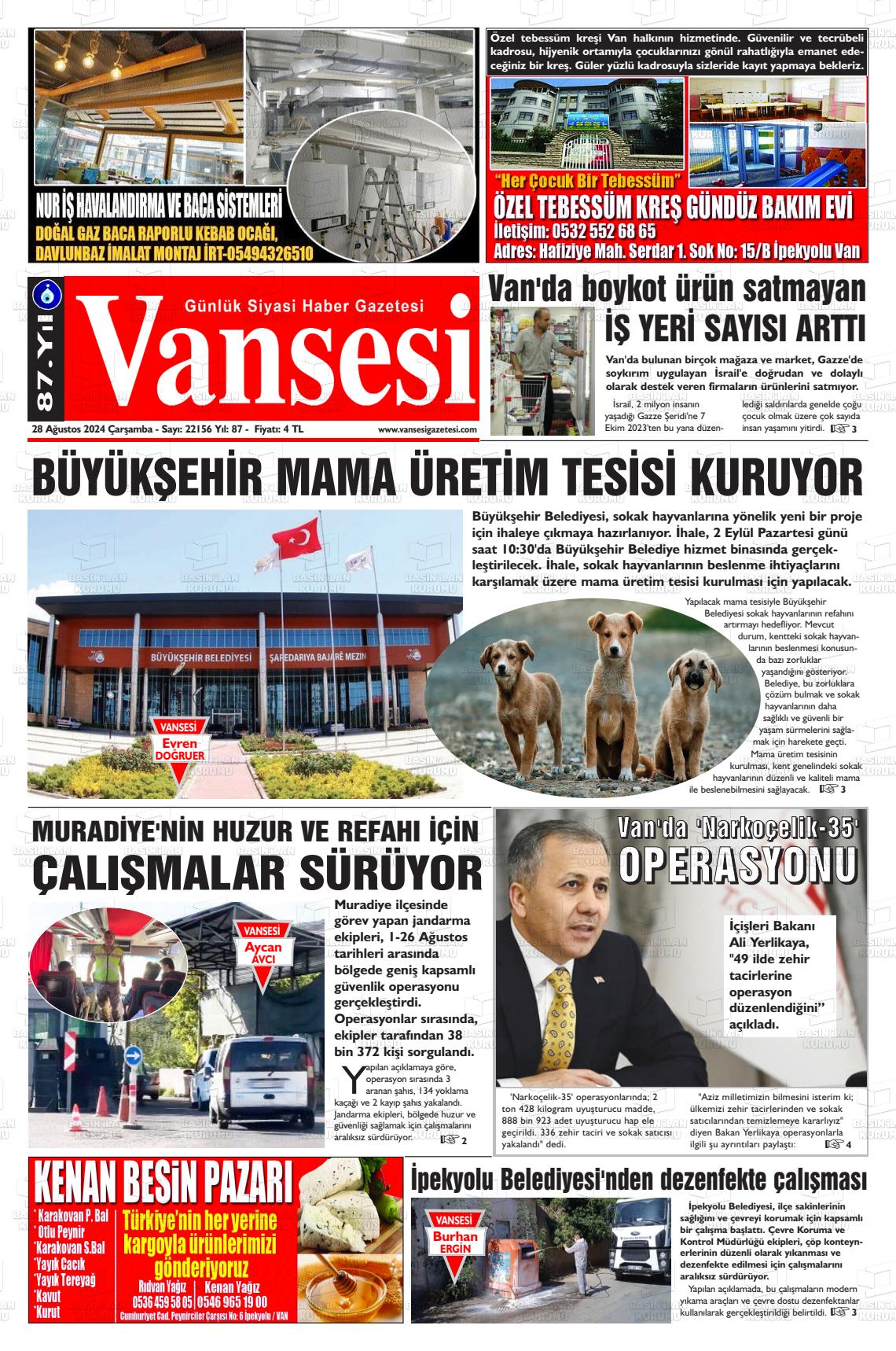 28 Ağustos 2024 Vansesi Gazete Manşeti