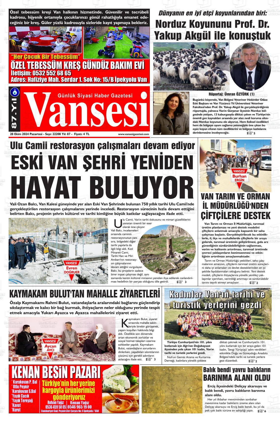 28 Ekim 2024 Vansesi Gazete Manşeti