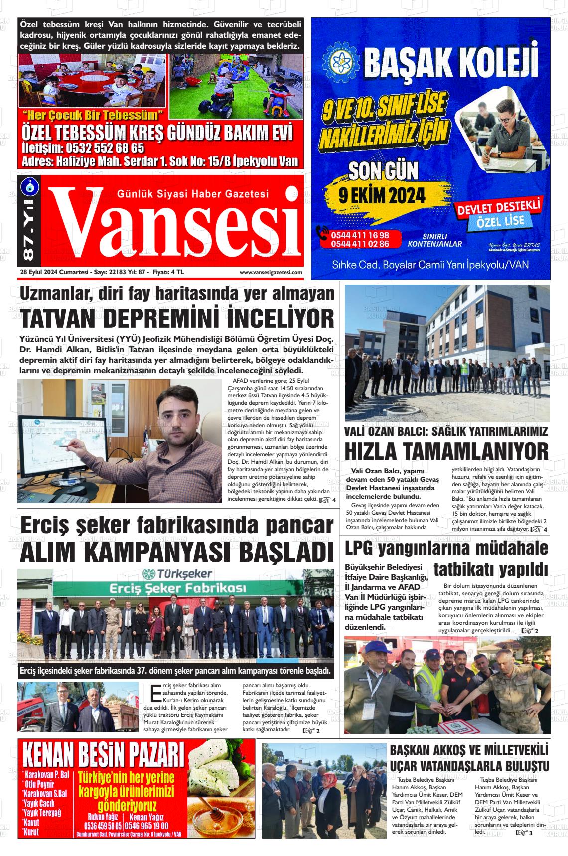 28 Eylül 2024 Vansesi Gazete Manşeti