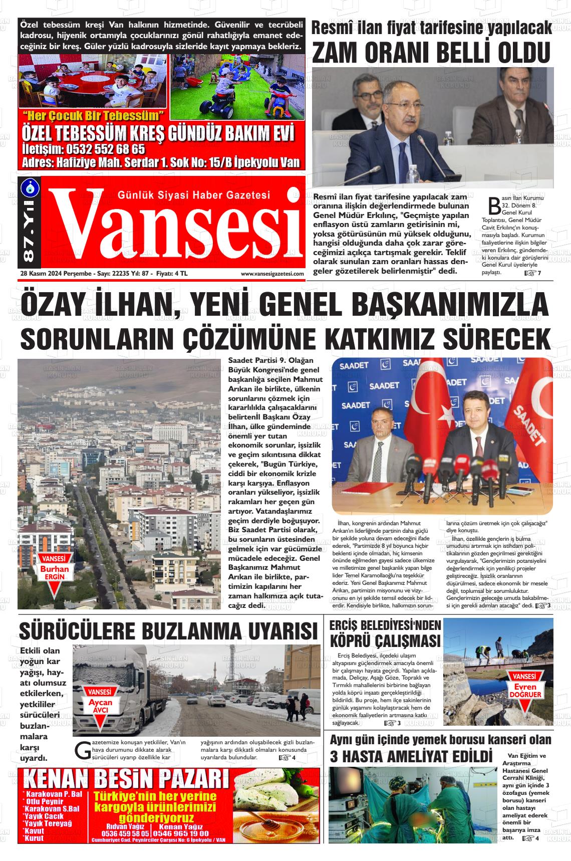 02 Aralık 2024 Vansesi Gazete Manşeti