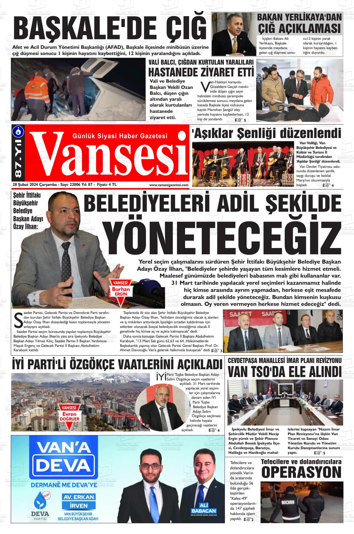 28 Şubat 2024 Vansesi Gazete Manşeti