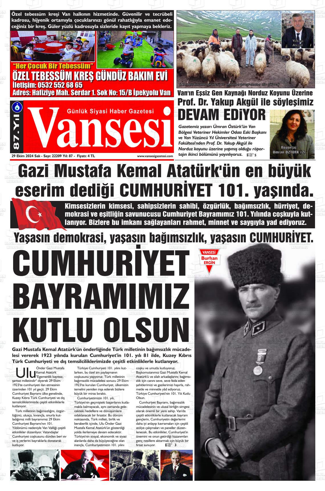 29 Ekim 2024 Vansesi Gazete Manşeti