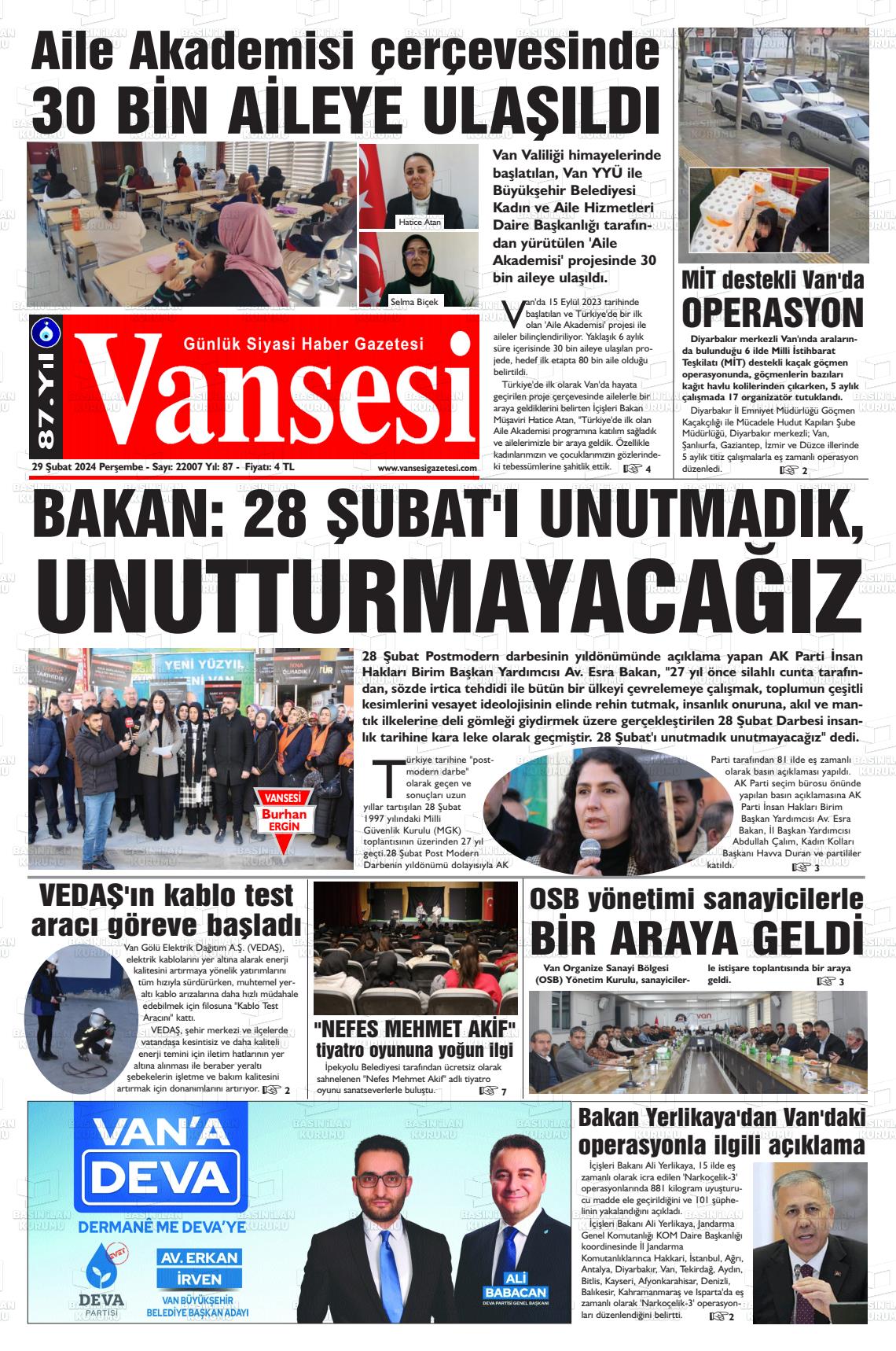 29 Şubat 2024 Vansesi Gazete Manşeti