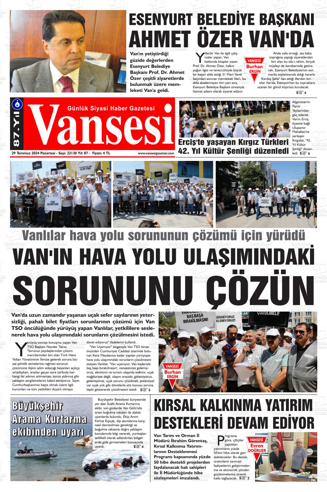 29 Temmuz 2024 Vansesi Gazete Manşeti