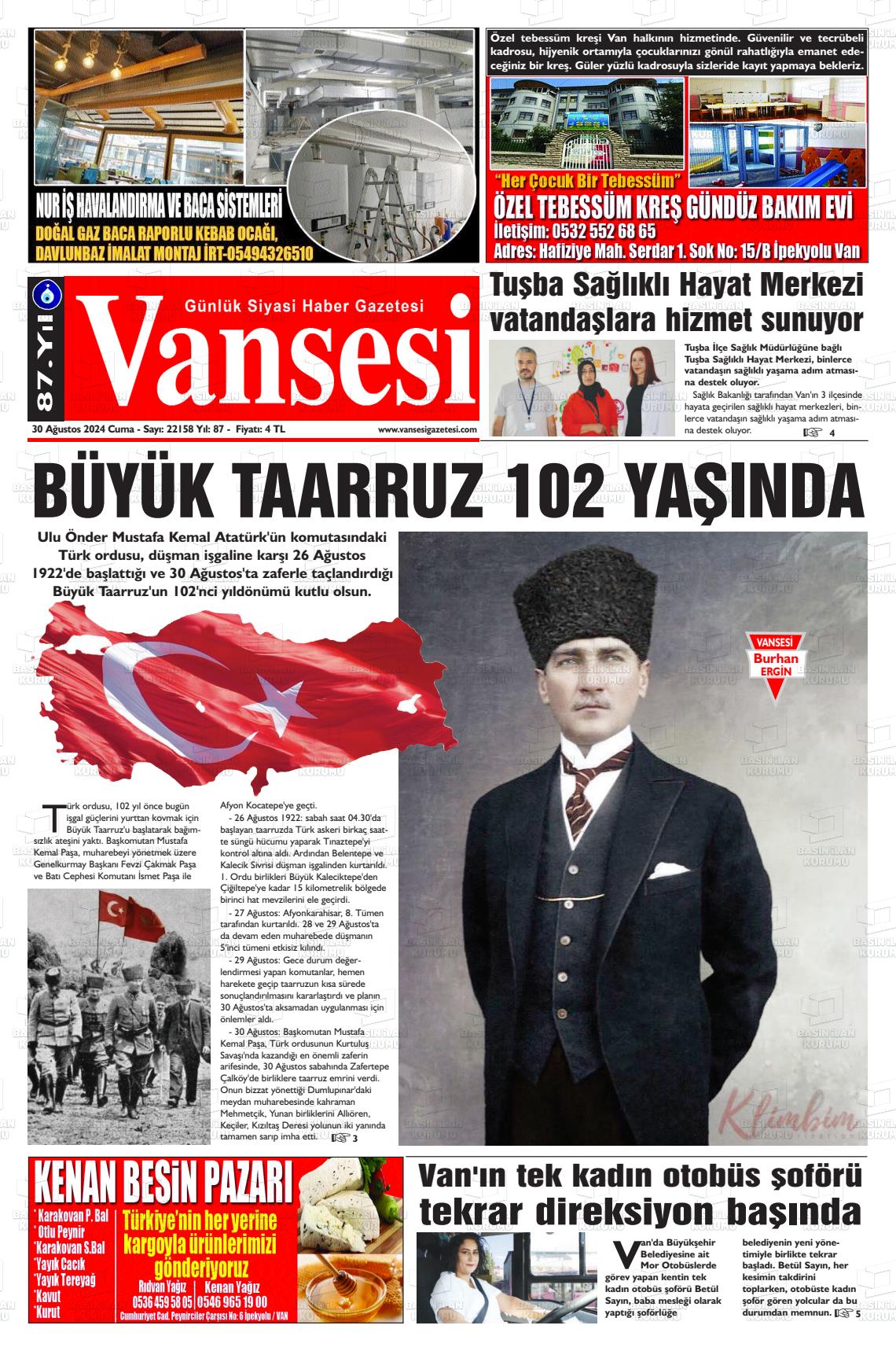 30 Ağustos 2024 Vansesi Gazete Manşeti