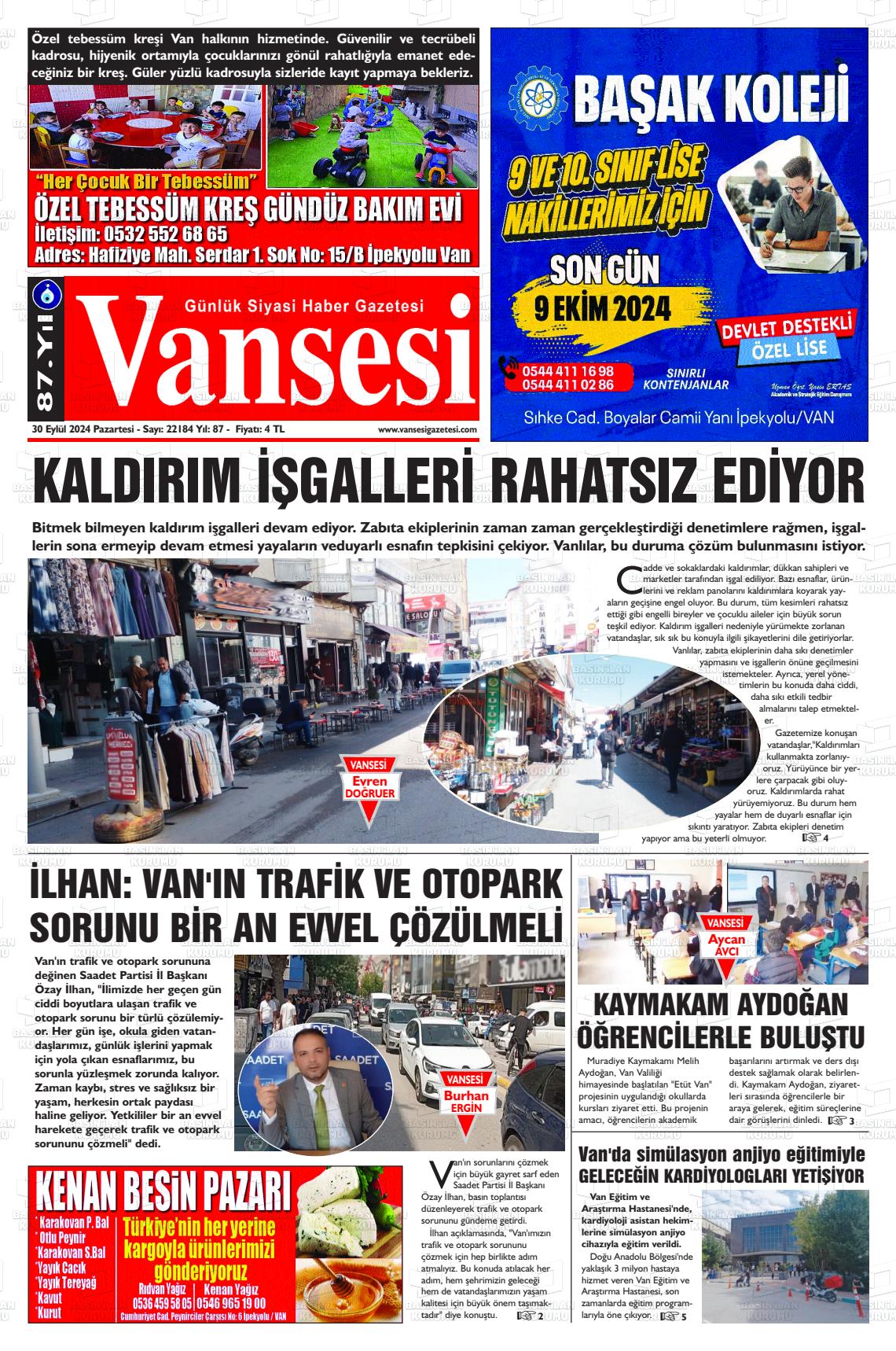 30 Eylül 2024 Vansesi Gazete Manşeti