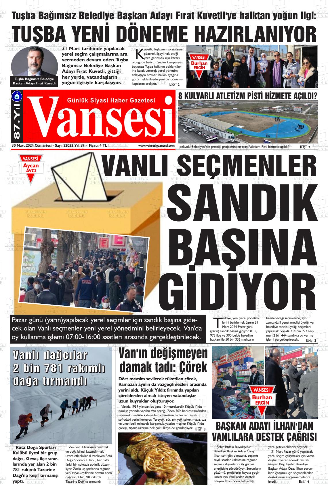 30 Mart 2024 Vansesi Gazete Manşeti