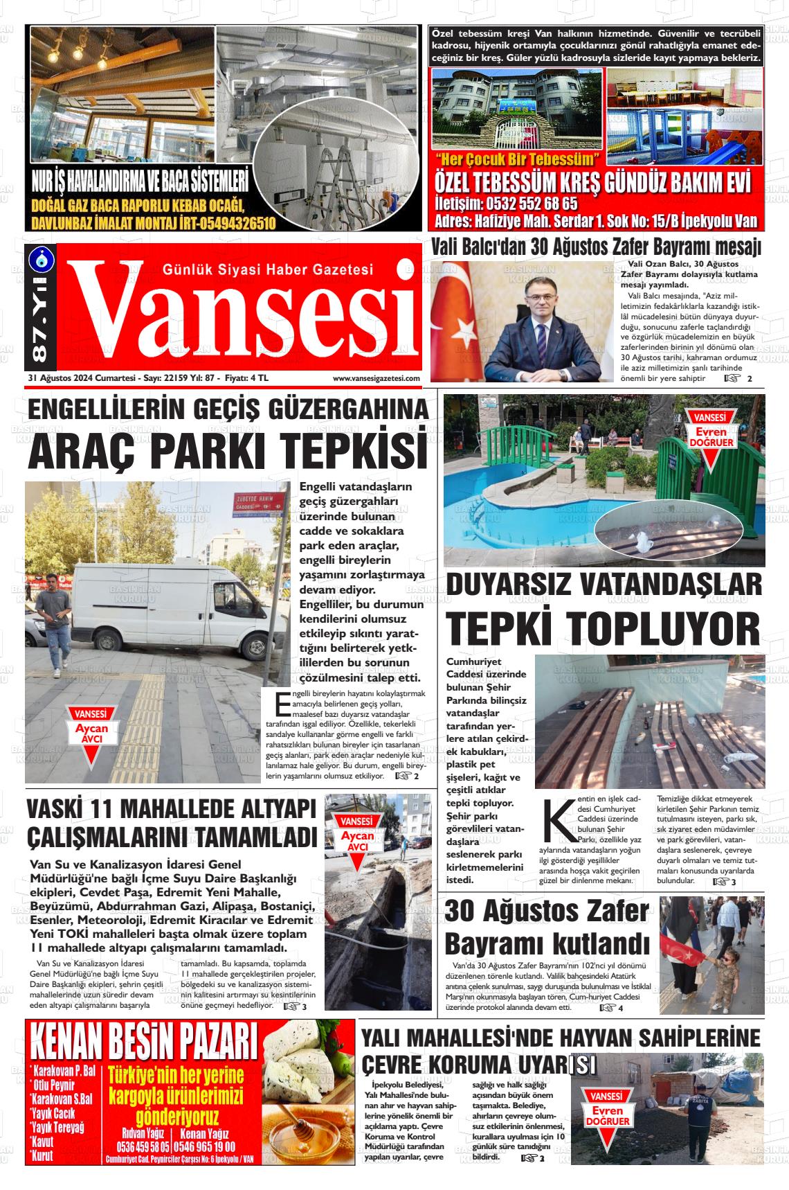 31 Ağustos 2024 Vansesi Gazete Manşeti