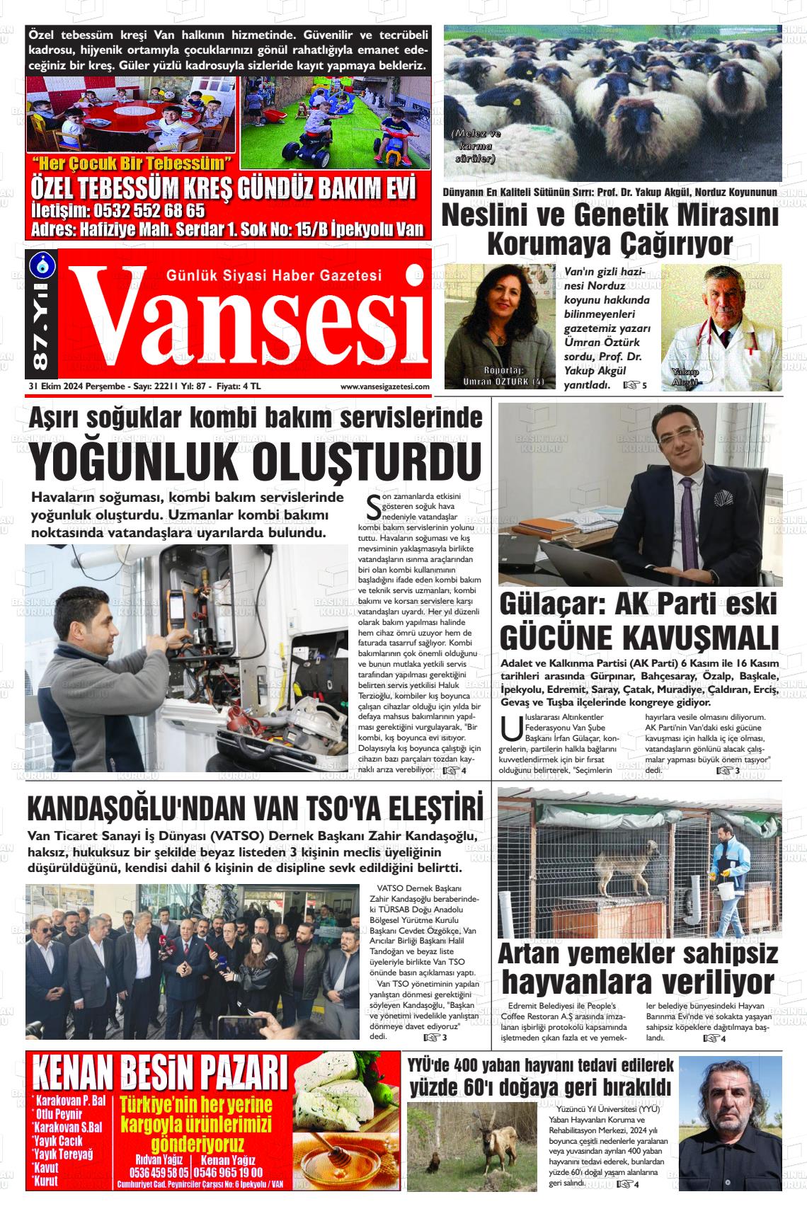 31 Ekim 2024 Vansesi Gazete Manşeti