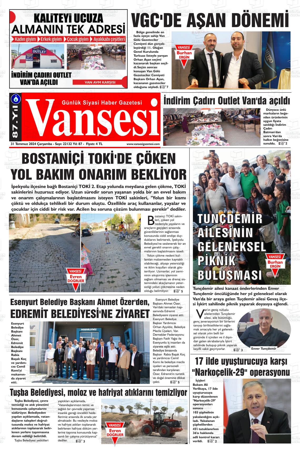 31 Temmuz 2024 Vansesi Gazete Manşeti