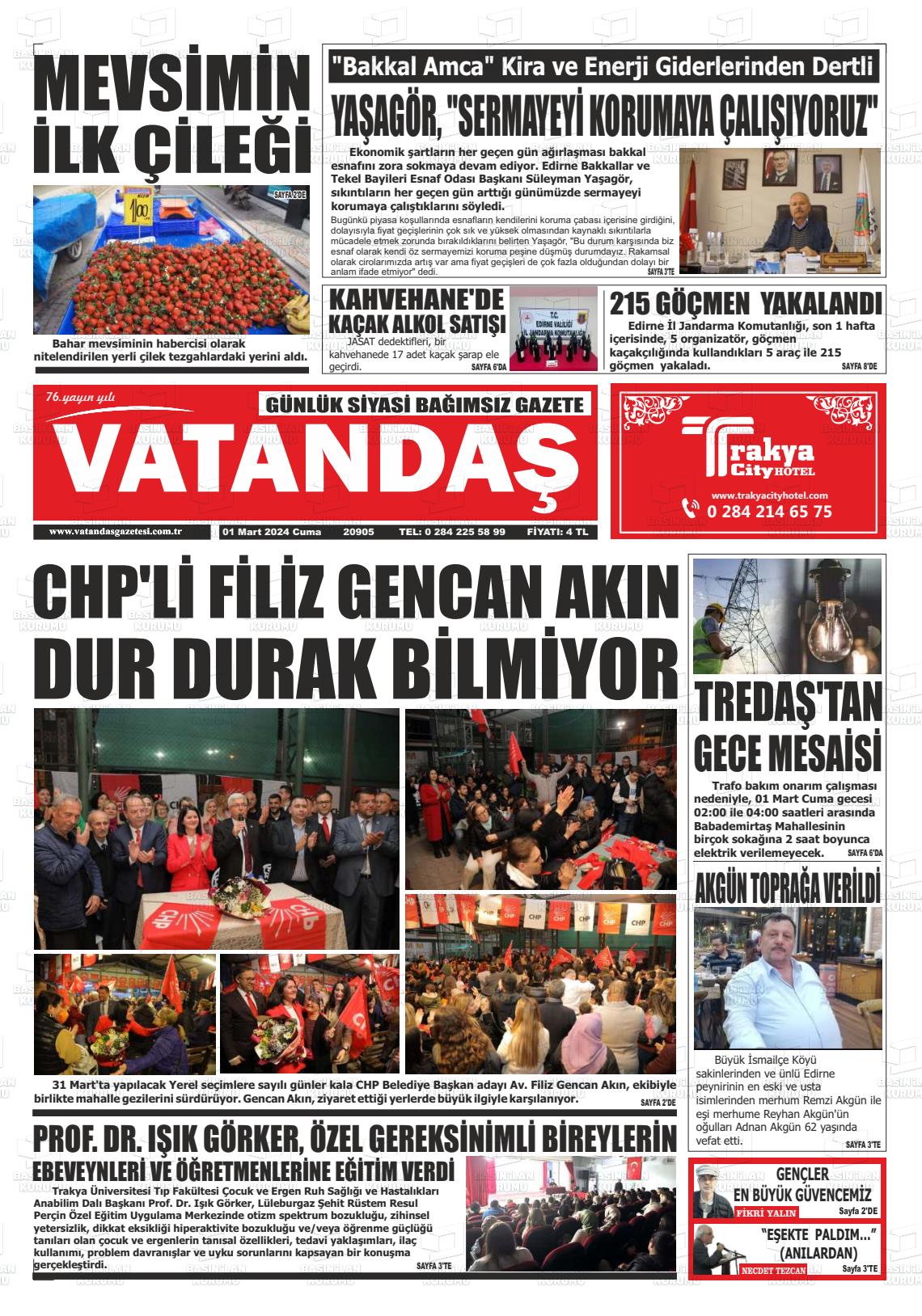 01 Mart 2024 Vatandaş Gazete Manşeti