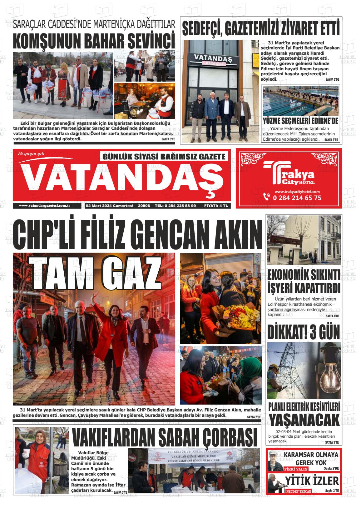 02 Mart 2024 Vatandaş Gazete Manşeti