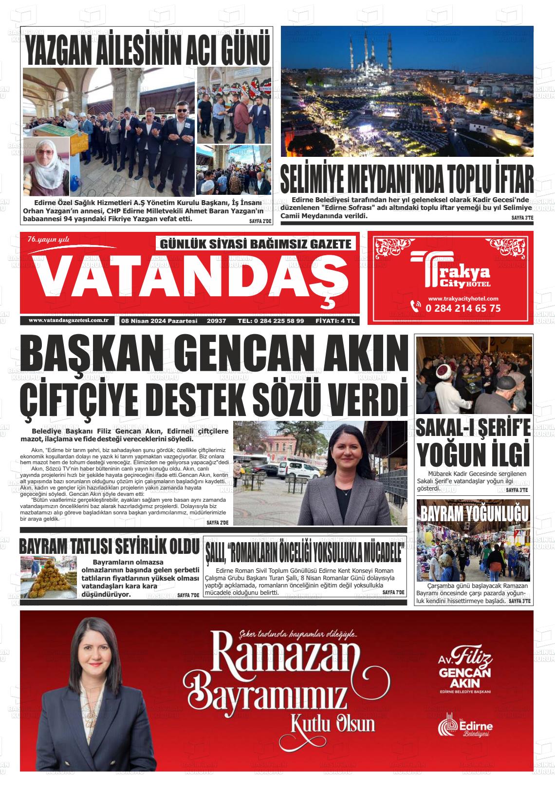 08 Nisan 2024 Vatandaş Gazete Manşeti