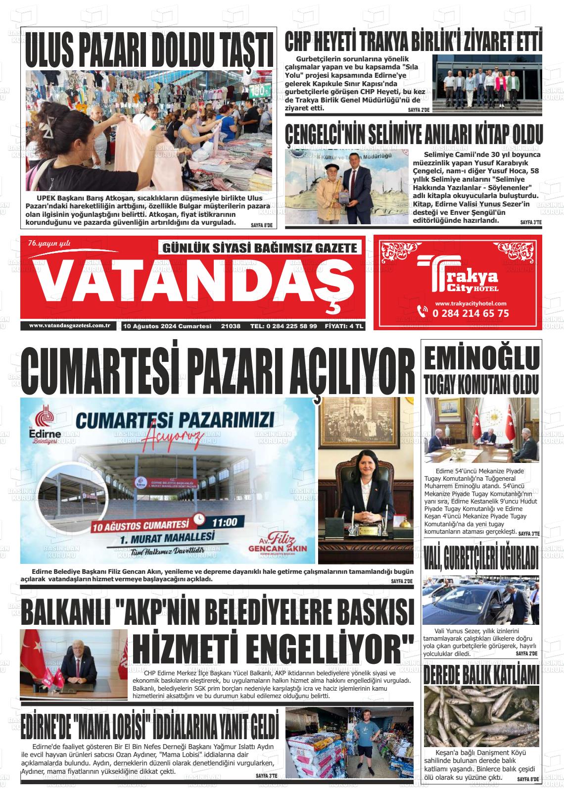 10 Ağustos 2024 Vatandaş Gazete Manşeti