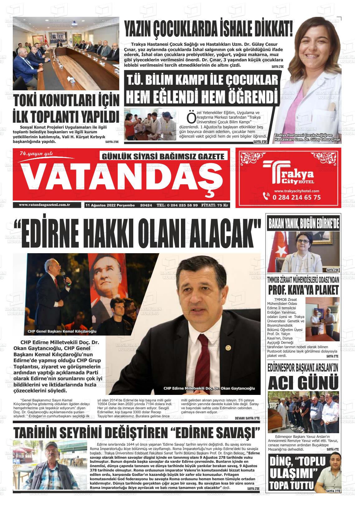 11 Ağustos 2022 Vatandaş Gazete Manşeti