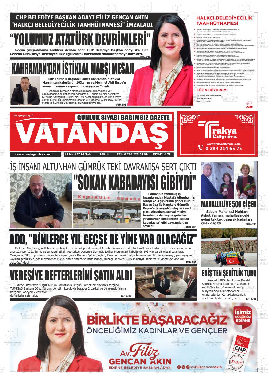 12 Mart 2024 Vatandaş Gazete Manşeti