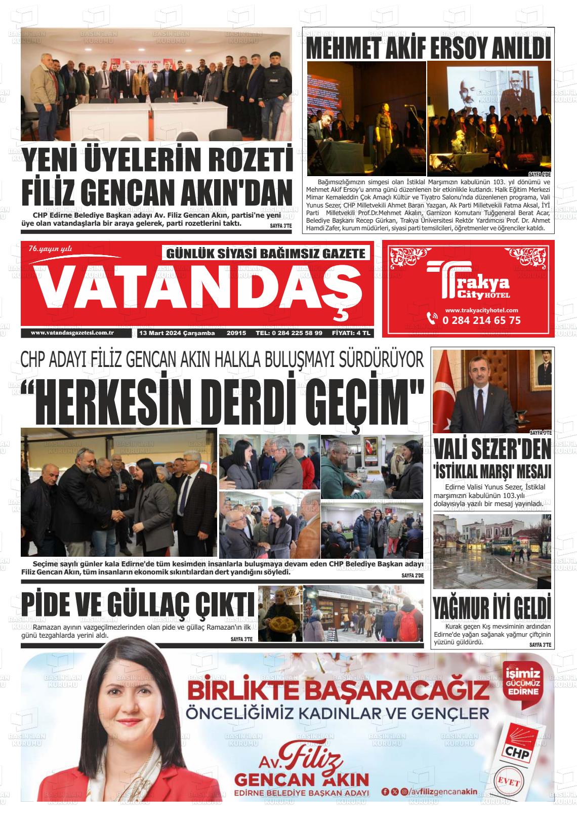 13 Mart 2024 Vatandaş Gazete Manşeti