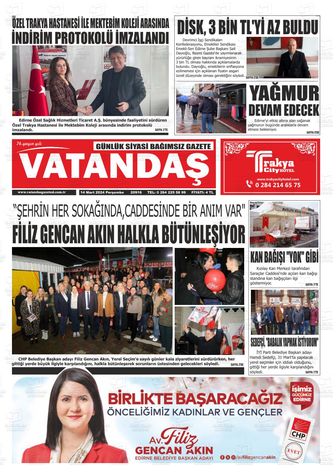 14 Mart 2024 Vatandaş Gazete Manşeti