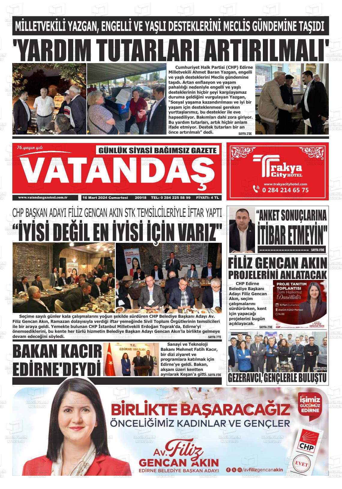 16 Mart 2024 Vatandaş Gazete Manşeti