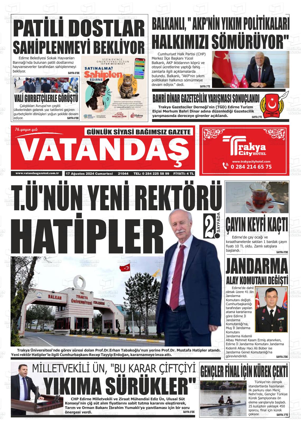 17 Ağustos 2024 Vatandaş Gazete Manşeti