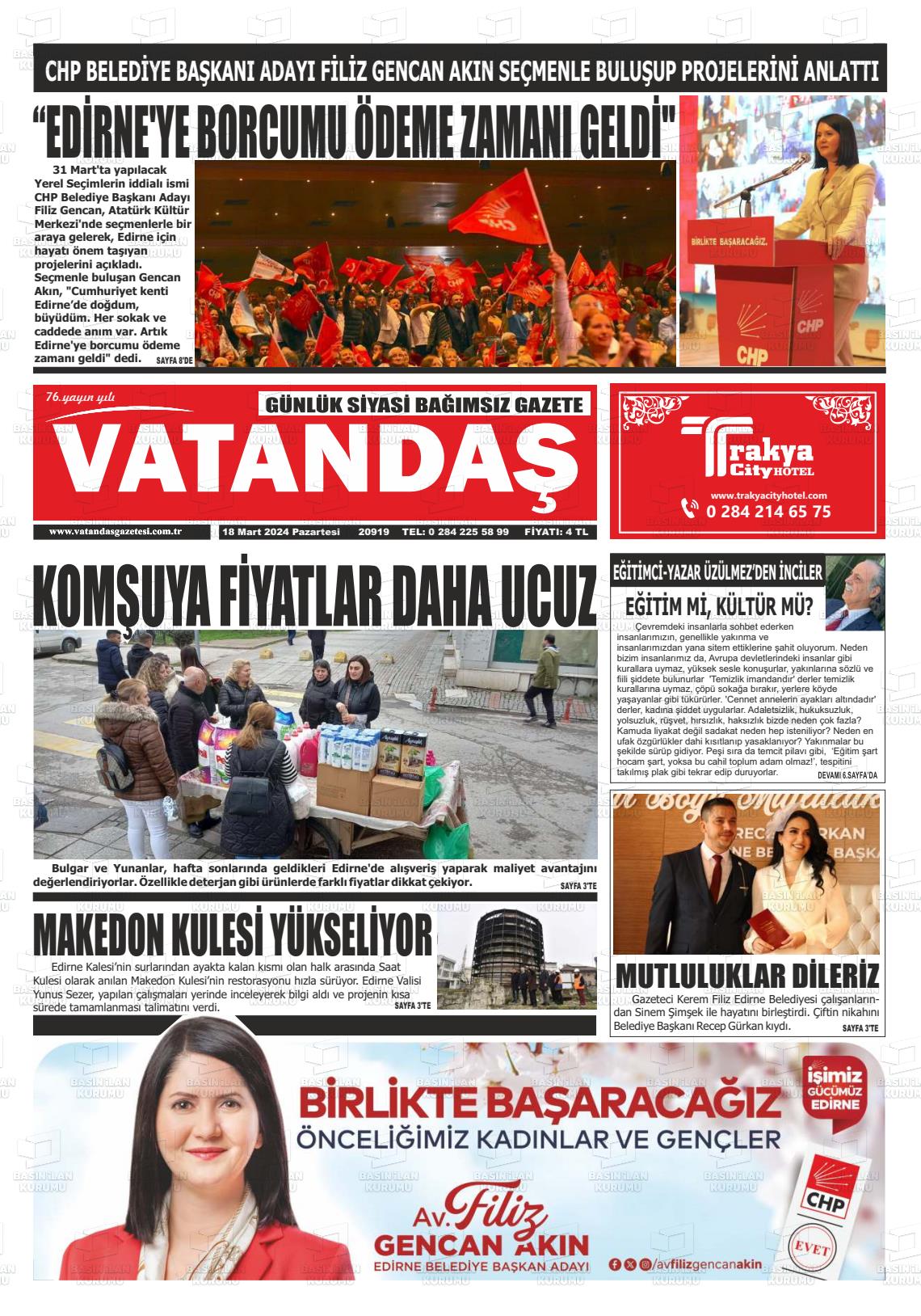 18 Mart 2024 Vatandaş Gazete Manşeti