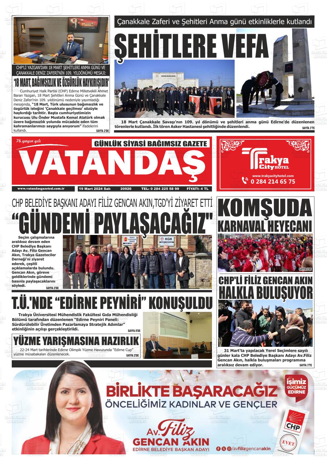 19 Mart 2024 Vatandaş Gazete Manşeti