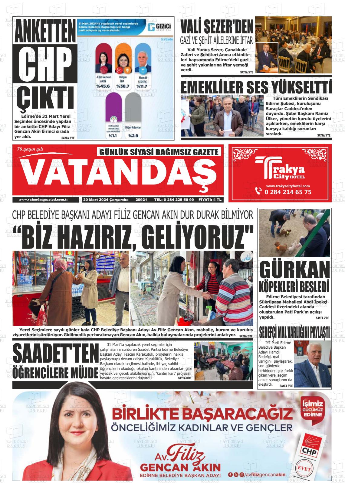 20 Mart 2024 Vatandaş Gazete Manşeti