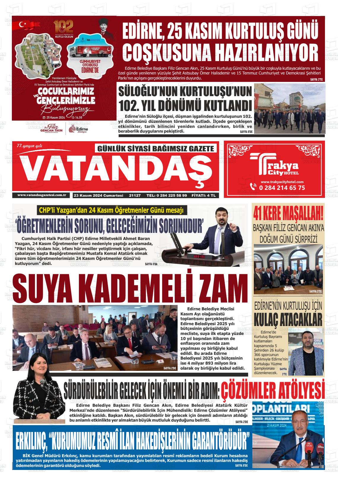 23 Kasım 2024 Vatandaş Gazete Manşeti