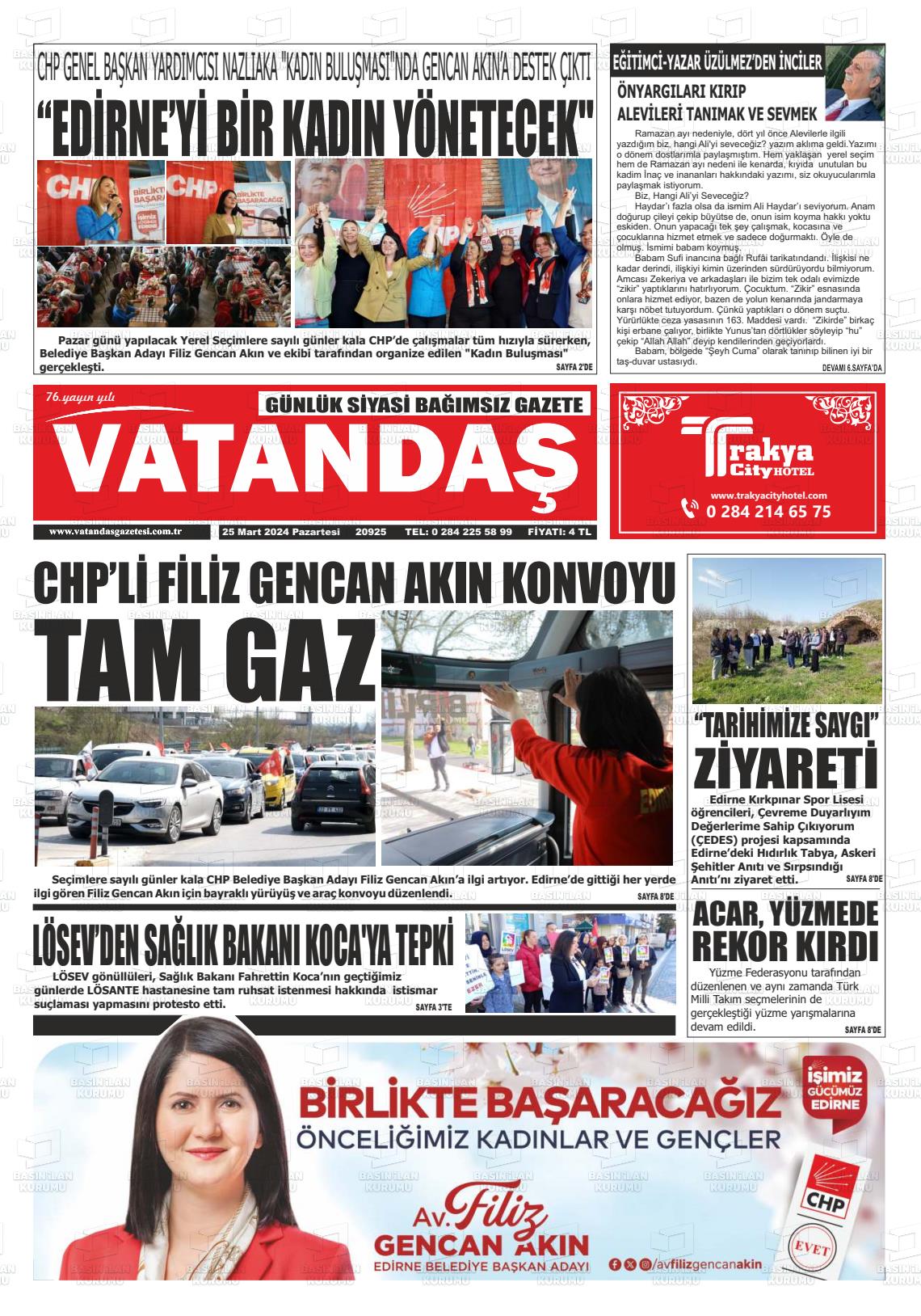 25 Mart 2024 Vatandaş Gazete Manşeti