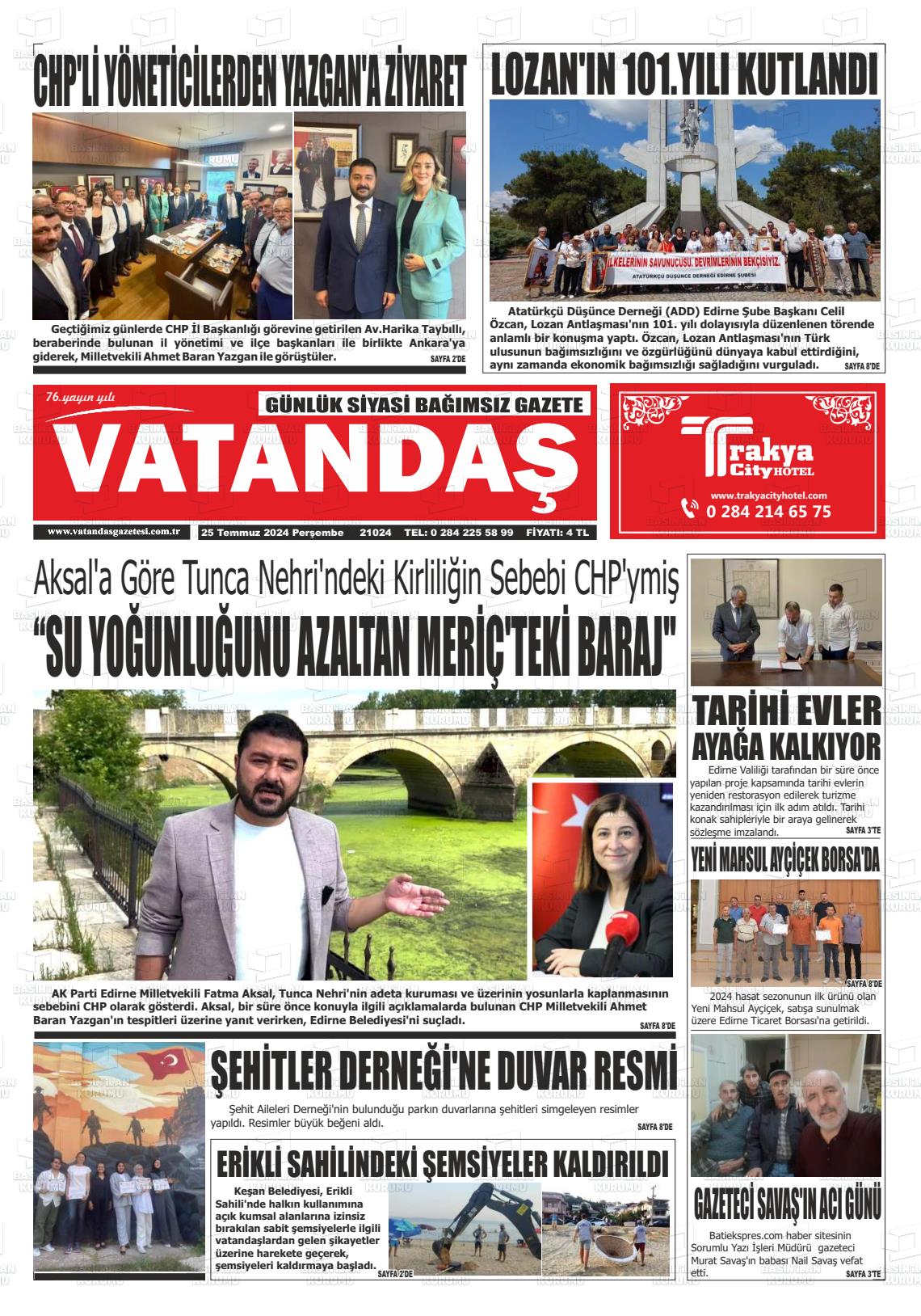 25 Temmuz 2024 Vatandaş Gazete Manşeti