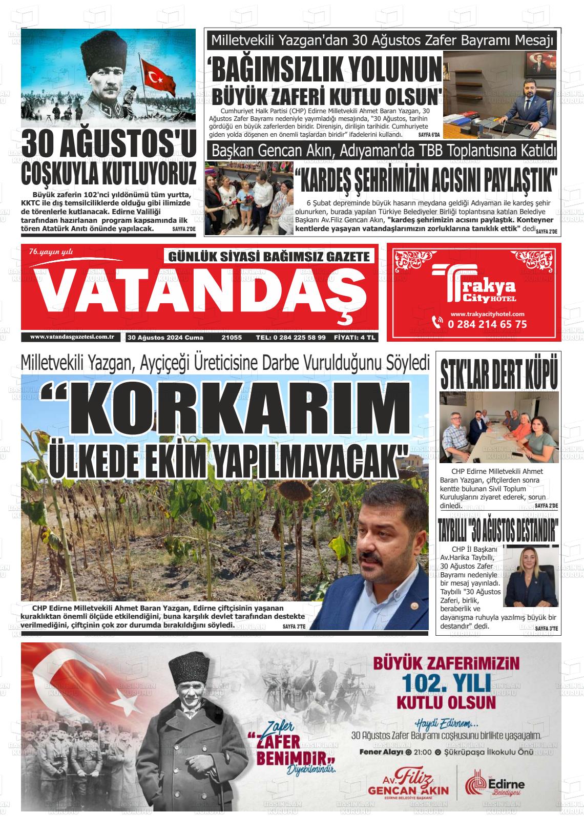 30 Ağustos 2024 Vatandaş Gazete Manşeti