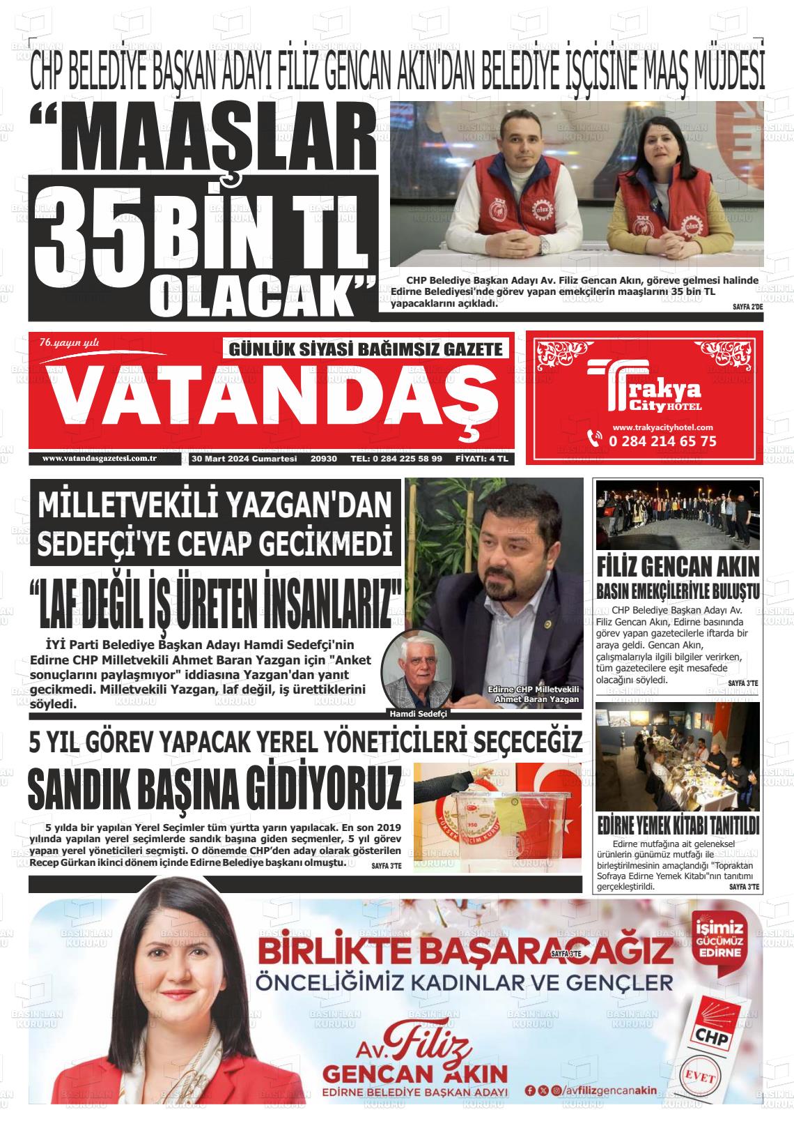 30 Mart 2024 Vatandaş Gazete Manşeti