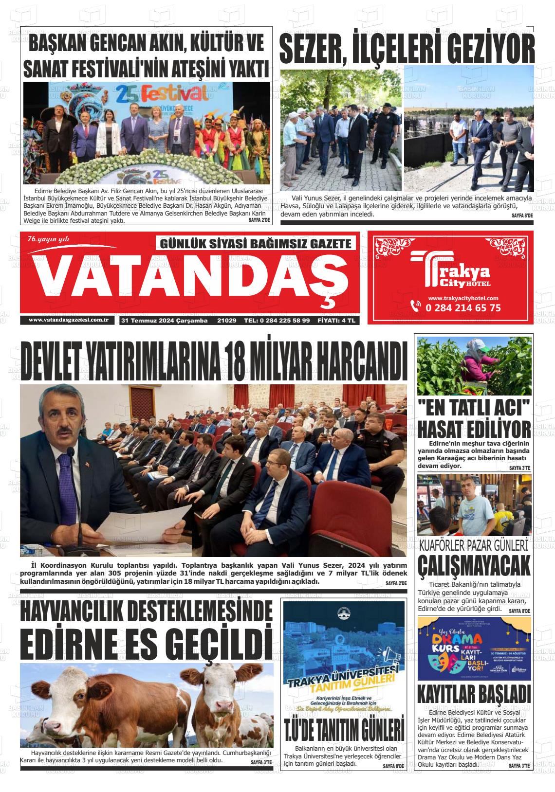 31 Temmuz 2024 Vatandaş Gazete Manşeti