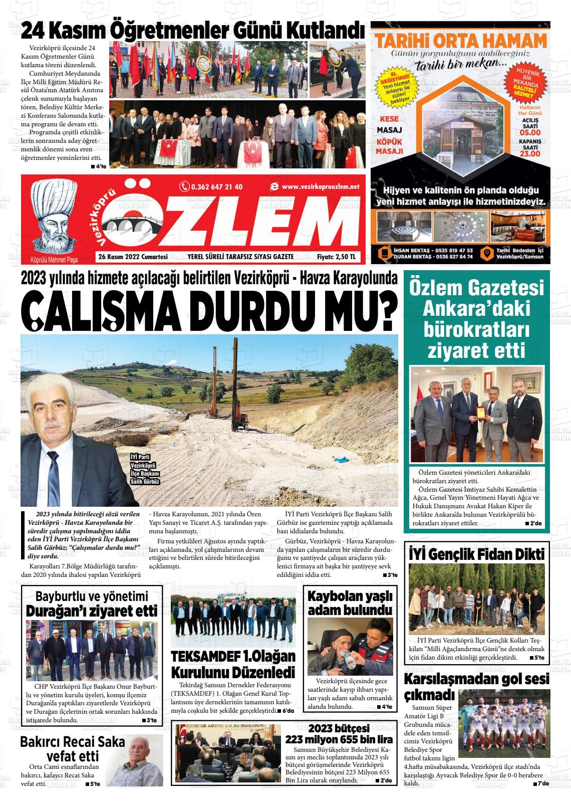 26 Kasım 2022 Vezirköprü Özlem Gazete Manşeti