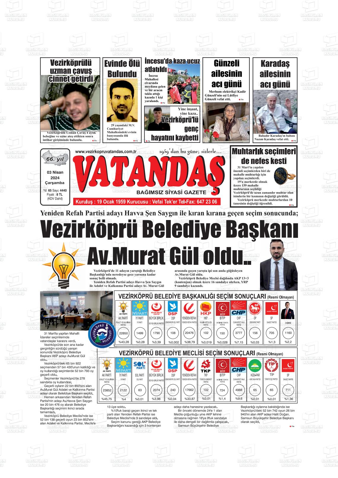 03 Nisan 2024 Vezirköprü Yaşam Gazete Manşeti