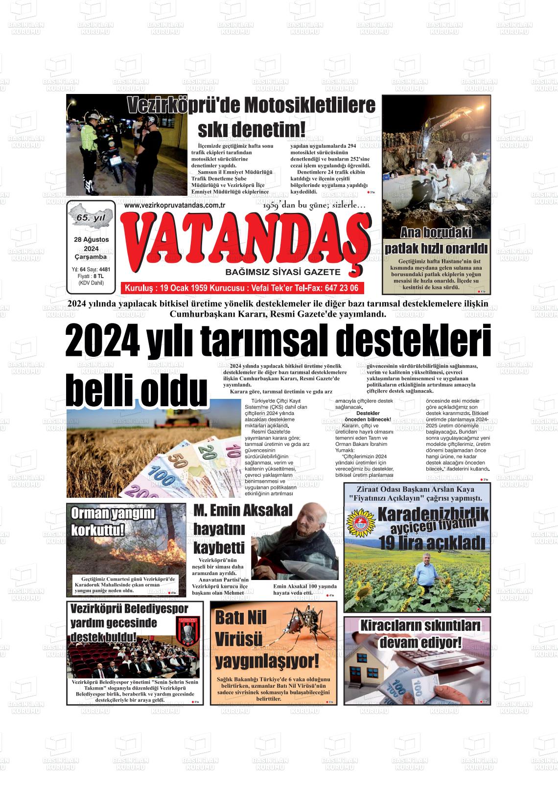 28 Ağustos 2024 Vezirköprü Yaşam Gazete Manşeti