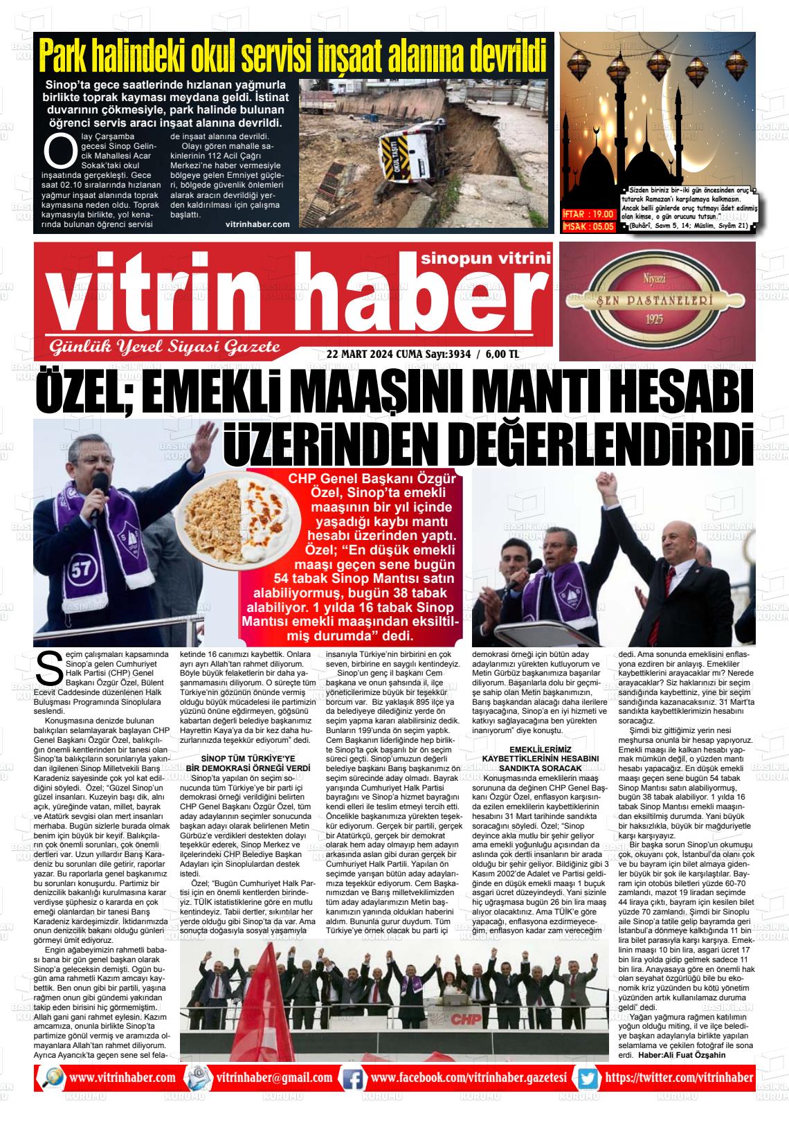 22 Mart 2024 Vitrin Haber Gazete Manşeti