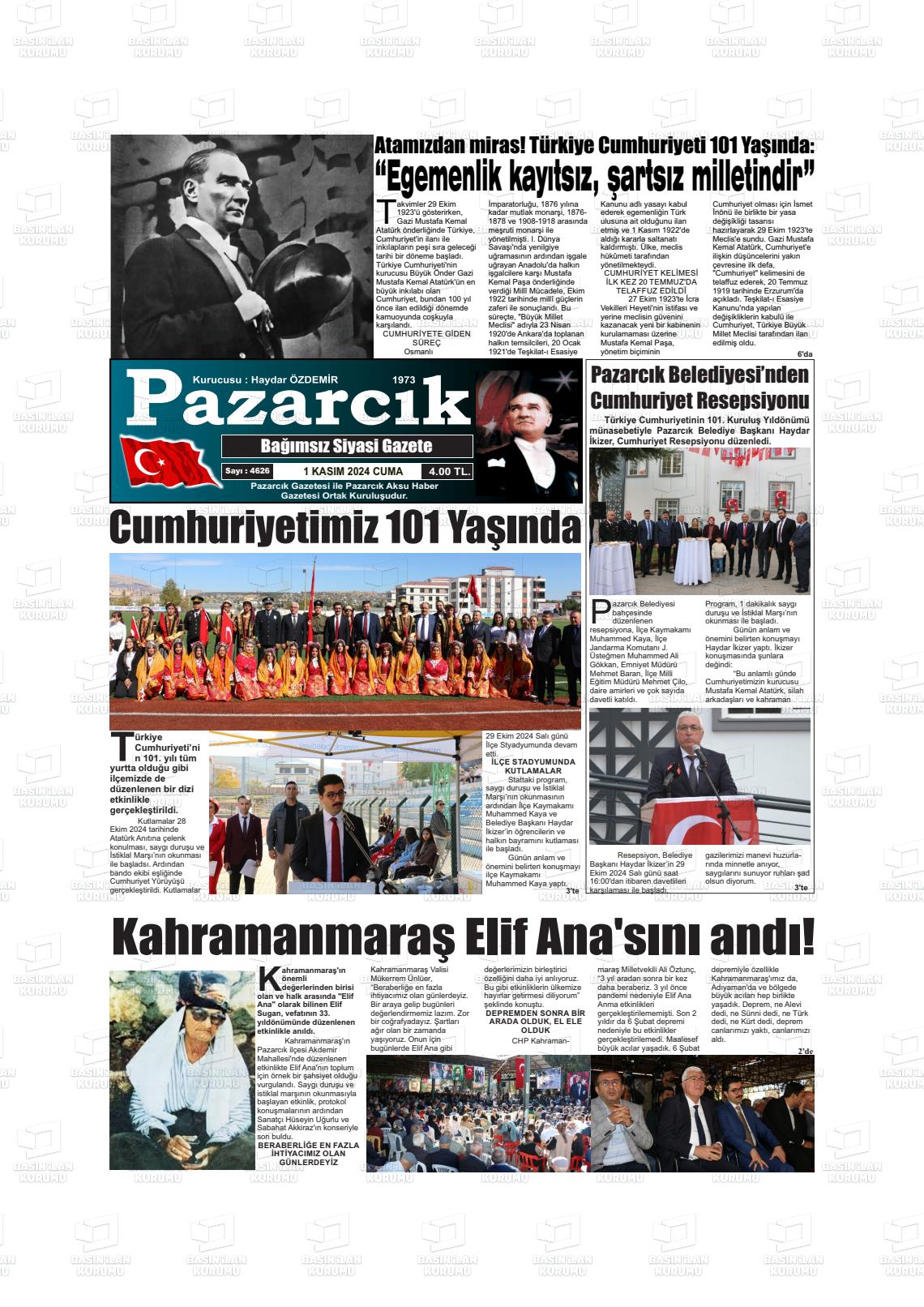 01 Kasım 2024 Pazarcık Gazete Manşeti