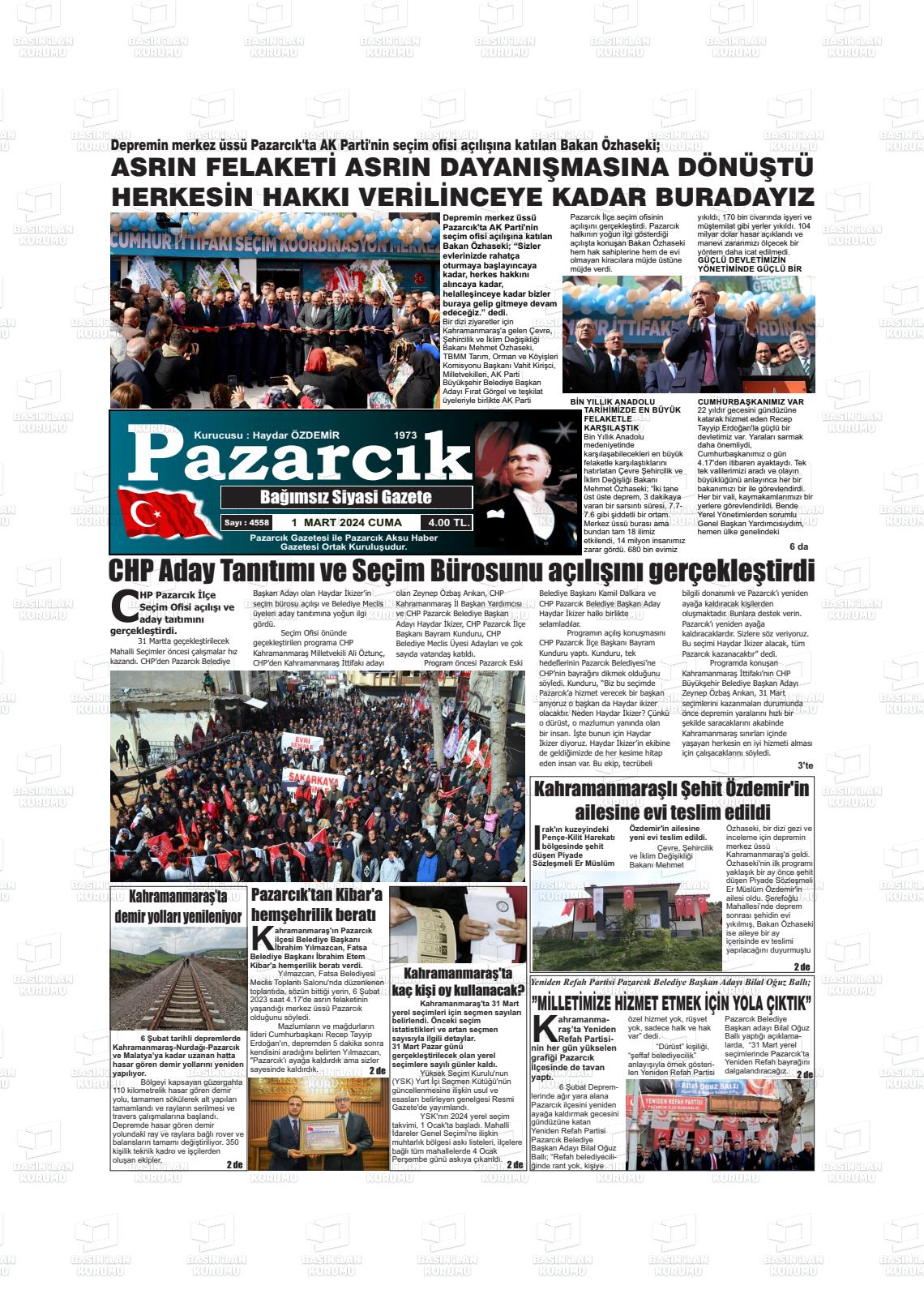 01 Mart 2024 Pazarcık Gazete Manşeti