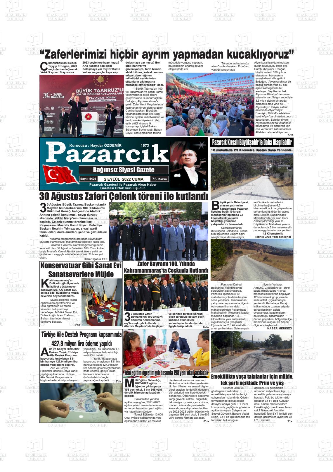 02 Eylül 2022 Pazarcık Gazete Manşeti