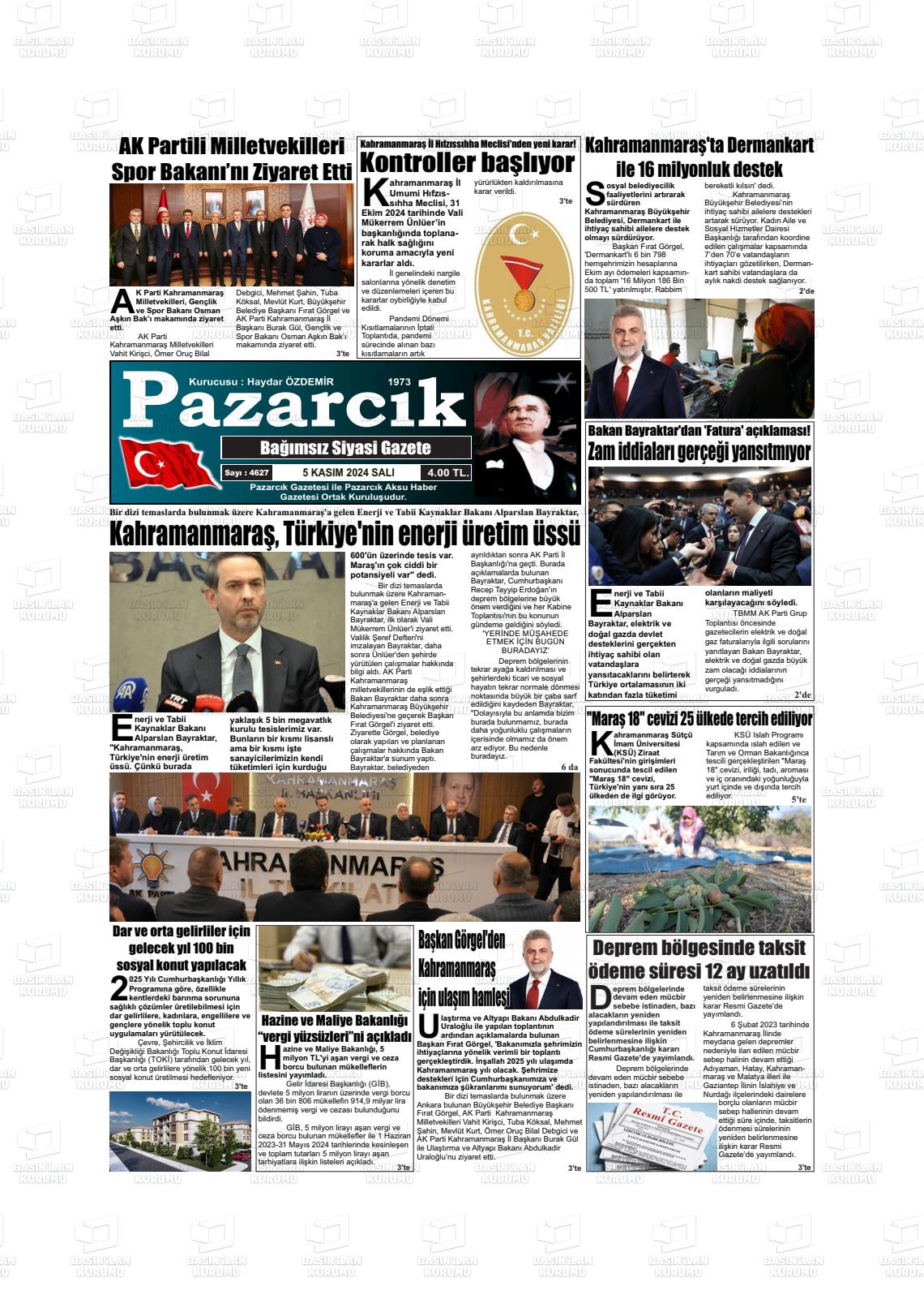 05 Kasım 2024 Pazarcık Gazete Manşeti