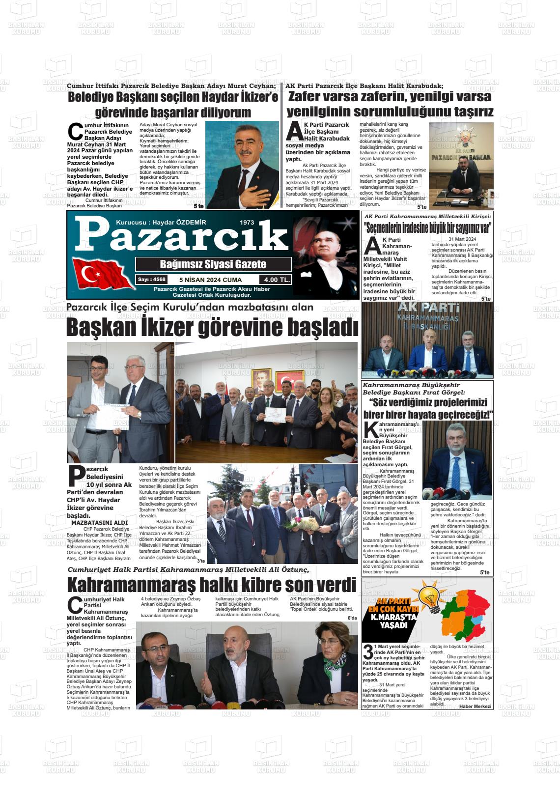 05 Nisan 2024 Pazarcık Gazete Manşeti