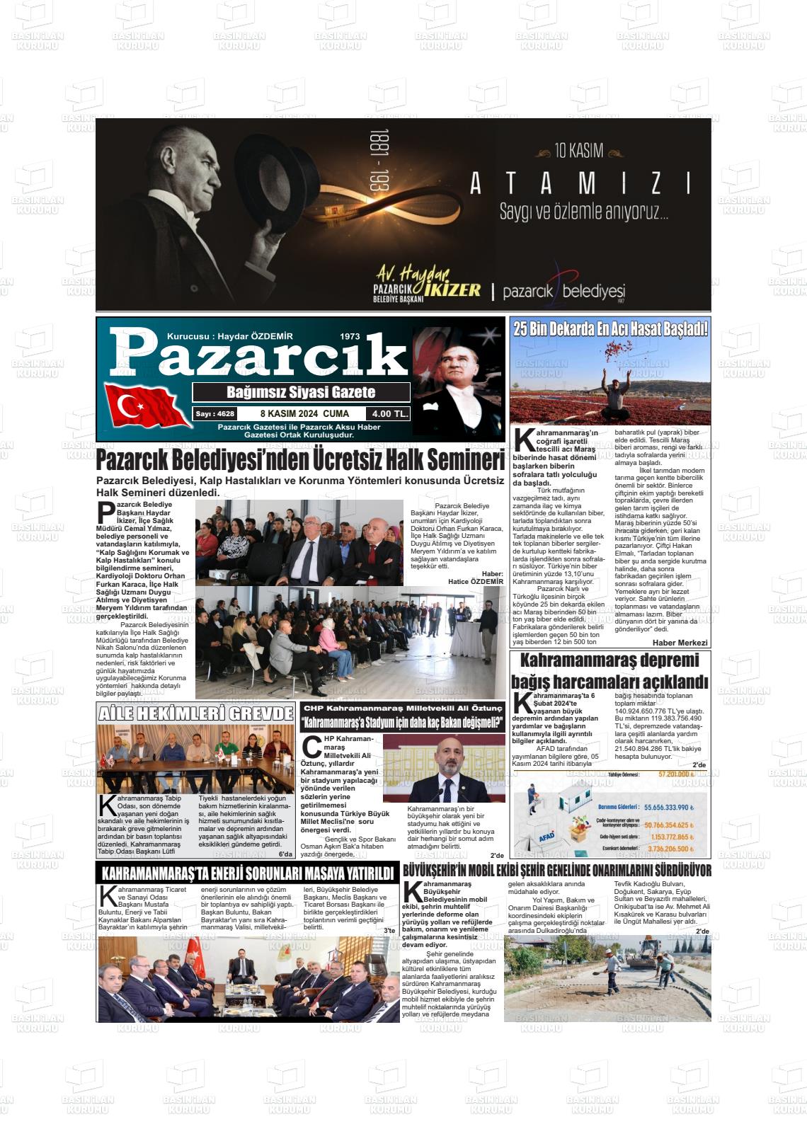 08 Kasım 2024 Pazarcık Gazete Manşeti