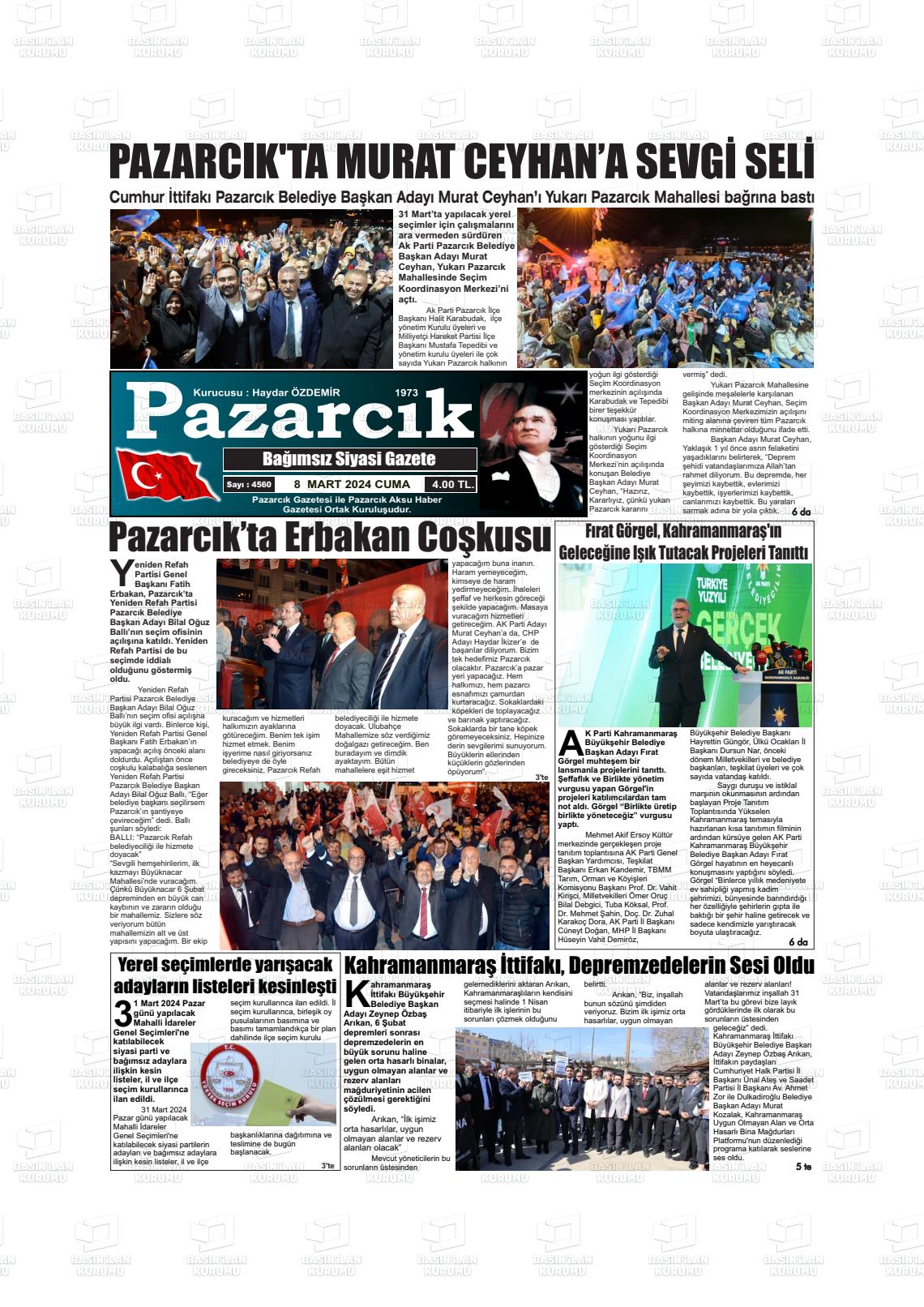 08 Mart 2024 Pazarcık Gazete Manşeti