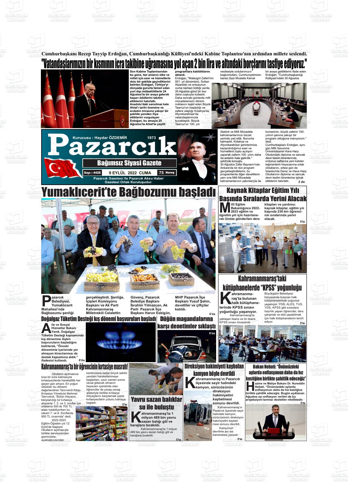 09 Eylül 2022 Pazarcık Gazete Manşeti