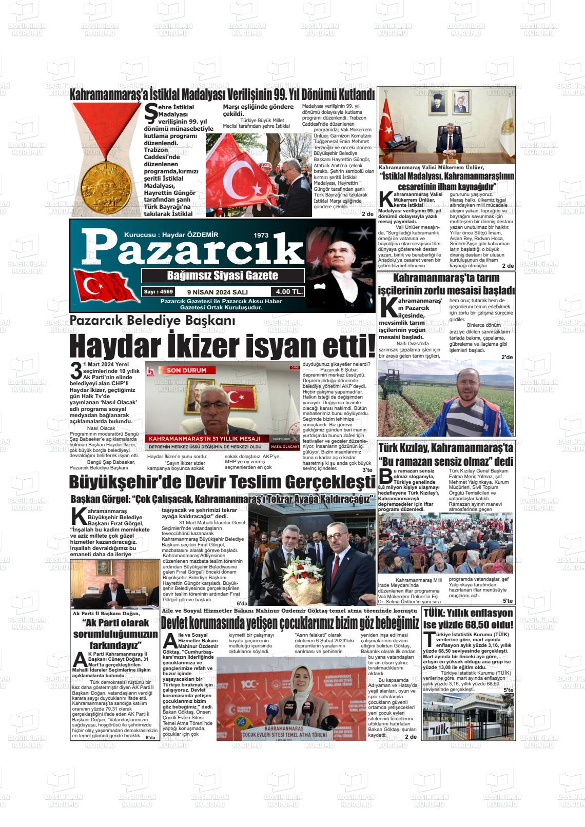 09 Nisan 2024 Pazarcık Gazete Manşeti